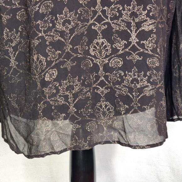 Chico's Dark Brown Gold Silk Foil Sheer Floral Print LS Blouse Chico Sz 3 US XL - Picture 14 of 16